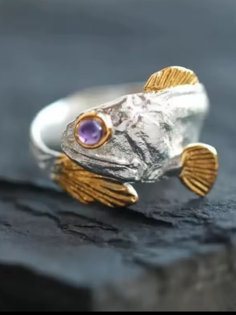 Two-Tone Fish Ring with Purple Stone